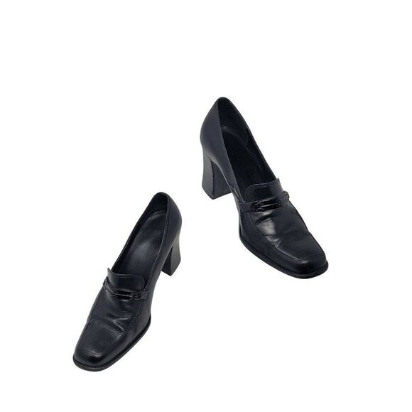 Unisa Black Leather High Heel Loafers Sz 38 Square Toe Brazil Womens Shoes - Picture 11 of 11